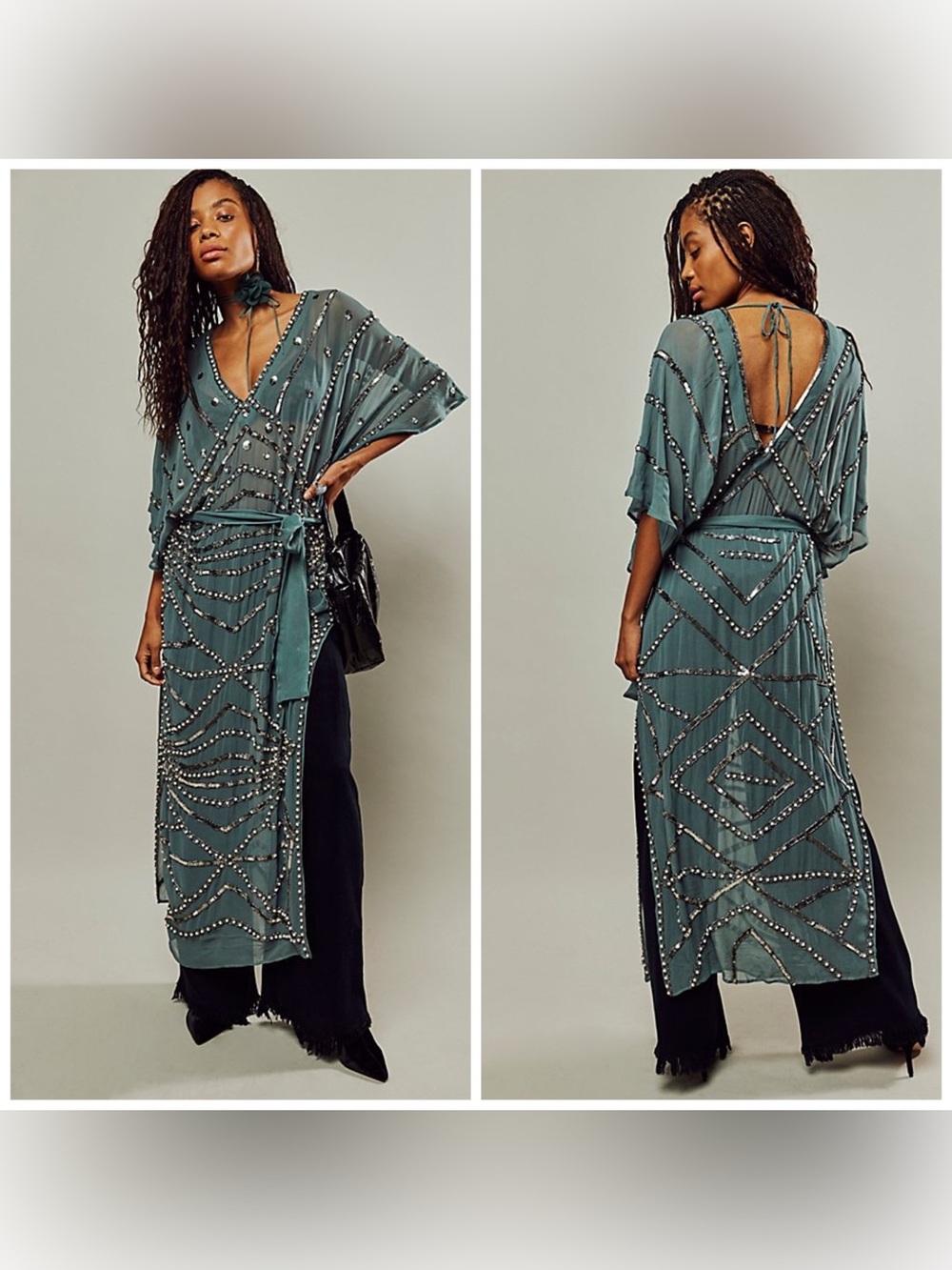 Free People Jens Pirate Booty Space Odyssey Kaftan Green Embellished Beaded XS/S